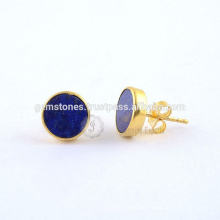 Blaue Lapis runde flache Edelstein-Bolzen-Ohrringe, Gold überzogener 925 Sterlingsilber-Bolzen-Ohrring-Schmucksache-Hersteller